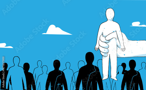 A large human hand reaches down and lifts one candidate above other multiple silhouettes of men standing together
