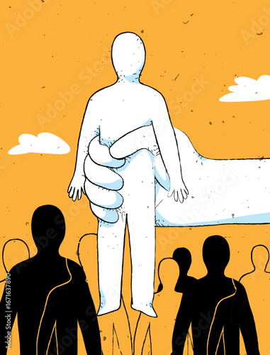 A large human hand reaches down and lifts one candidate above other multiple silhouettes of men standing together