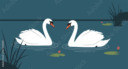 Swans Swimming Calmly in Lake