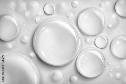 Shiny, assorted translucent spheres rest on a smooth, uniform white surface, some overlapping. Subtle gradients create depth & reflectivity