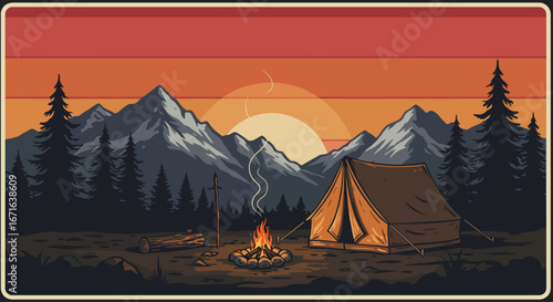 Camping Adventure at Sunset A Vector Illustration of Wilderness