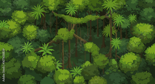 Overhead View of a Lush Green Animated Jungle Canopy with Hanging Vines Illustration