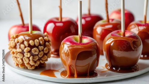 Tempting Caramel Apples: A Sweet Treat Display with Glossy Glaze and Crunchy Toppings