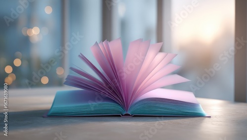Open book with pink pages fanned out on a table, city backdrop is blurred & bokeh lights are present. Soft light