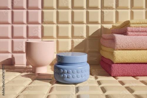 Pastel objects & towels on tile create a serene, clean aesthetic. Light bathes the scene, highlighting textures and subtle color variations