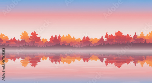Abstract Woodland Horizon Reflected in Calm Water with Gradient Hues and Misty Foreground