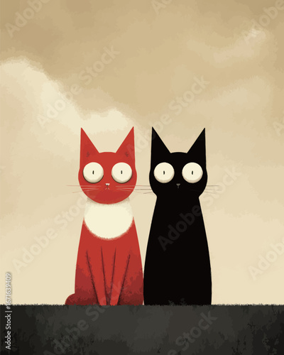 Two cartoonish cats are sitting next to each other on a grassy area, one with red and white fur, and the other completely black, both gazing forward with wide eyes.