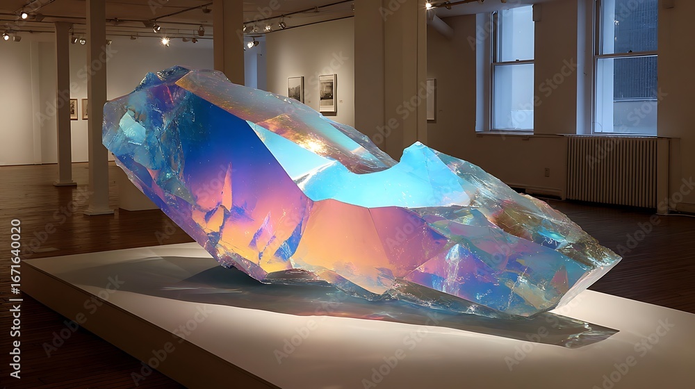 Naklejka premium Luminous glass art piece within gallery surroundings