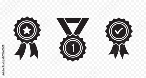 Approved or certified medal icon in a flat style. Rosette icons. Approval check symbol. Winning award, prize, medal or badge. Verified medal icon. set Approved certified icon.  eps 10