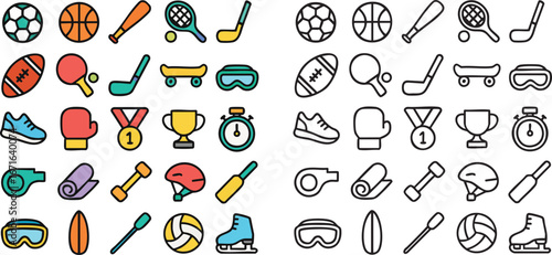 Sports Equipment and Activities Icons Set.