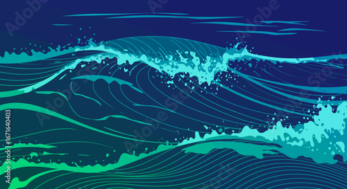 Vibrant Blue and Teal Waves Crashing in a Stylized Ocean Illustration