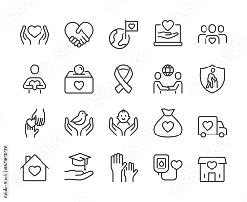 Charity and Volunteering, icon set. Helping hands, donations, fundraising, care, support, social aid, protection, education, humanitarian help, kindness, community service. Line with editable stroke