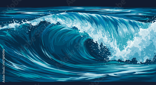 Vibrant Blue Ocean Wave Illustration Depicting the Immense Force and Natural Beauty of the Sea