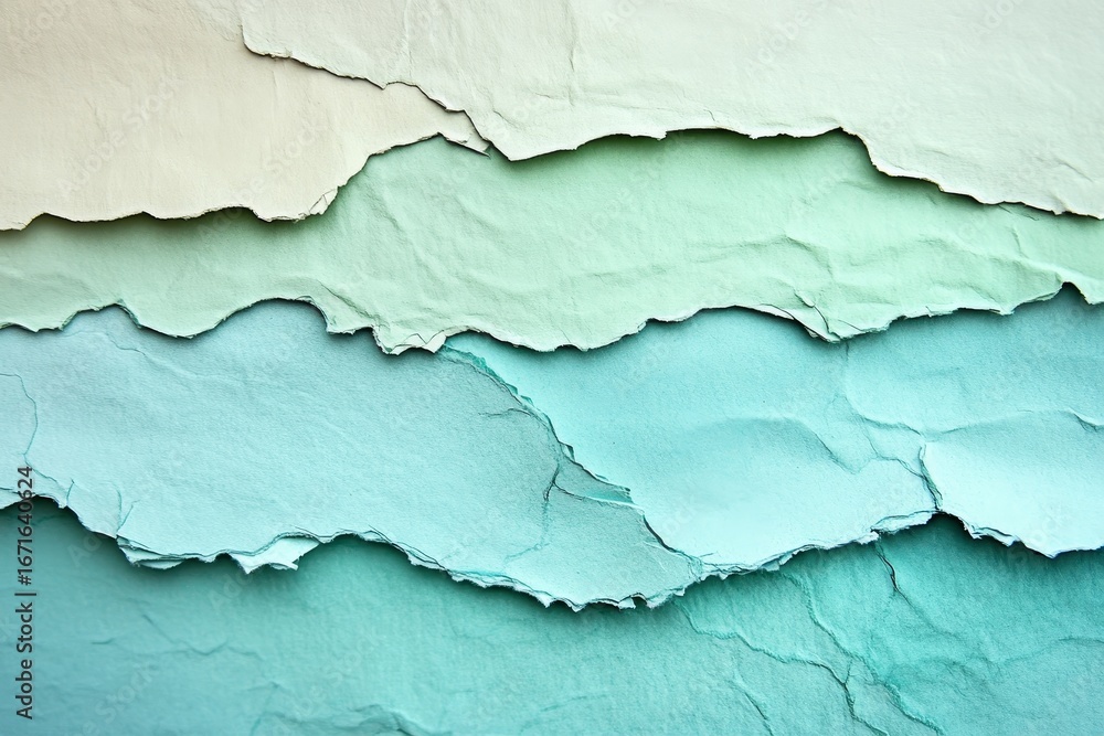 Fototapeta premium Layered torn paper pieces create a textured, cool-toned, abstract design with a tranquil feel.