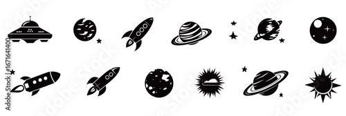 Various black and white space-themed illustrations showcase rockets, planets, and stars. The playful design represents exploration and adventure beyond Earth, ideal for childrens decor.