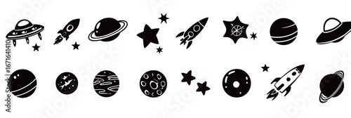 Various black and white space-themed illustrations showcase rockets, planets, and stars. The playful design represents exploration and adventure beyond Earth, ideal for childrens decor.