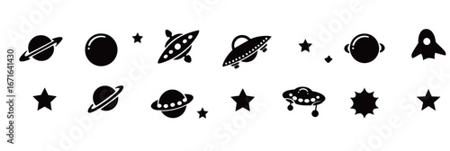 Various black and white space-themed illustrations showcase rockets, planets, and stars. The playful design represents exploration and adventure beyond Earth, ideal for childrens decor.