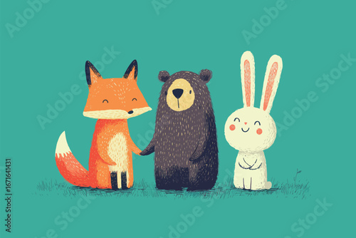 A charming illustration captures a friendly fox, a relaxed bear, and a cheerful rabbit standing together in a vibrant setting. Their expressions evoke warmth and friendship.