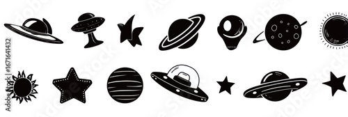 Various black and white space-themed illustrations showcase rockets, planets, and stars. The playful design represents exploration and adventure beyond Earth, ideal for childrens decor.