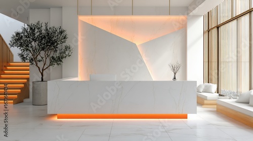 Modern lobby with marble counter, lighted steps, and plant accent