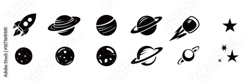 Various black and white space-themed illustrations showcase rockets, planets, and stars. The playful design represents exploration and adventure beyond Earth, ideal for childrens decor.