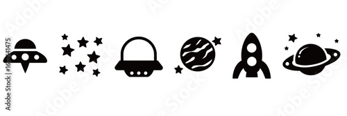 Various black and white space-themed illustrations showcase rockets, planets, and stars. The playful design represents exploration and adventure beyond Earth, ideal for childrens decor.