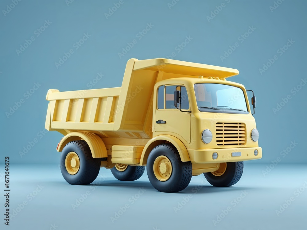 Fototapeta premium A vibrant yellow dump truck is presented against a muted blue backdrop, showcasing a simple, stylized design.