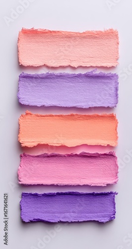Five textured, colorful rectangles stacked vertically. Each has torn edges and unique pastel shades, resembling paper swatches on a light surface