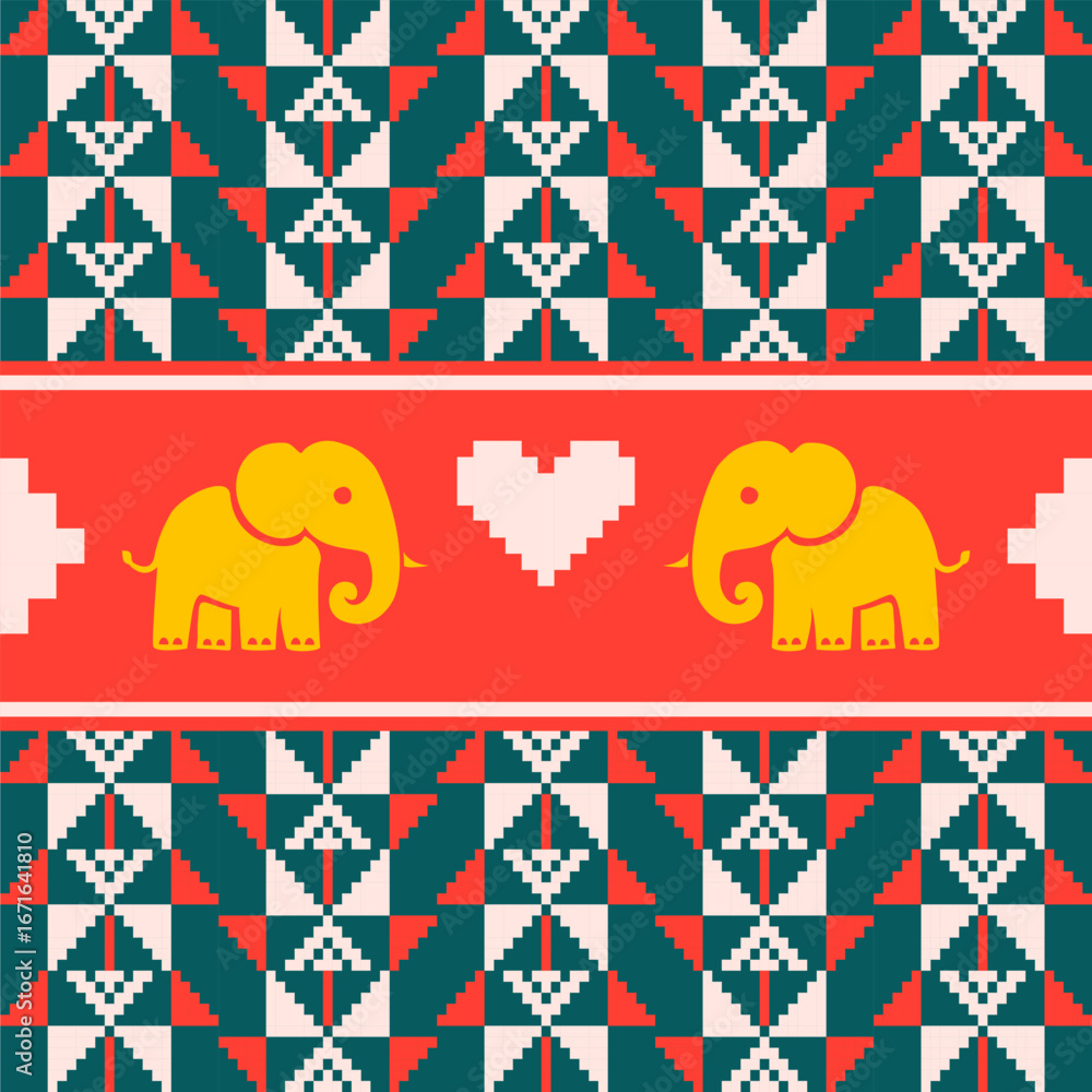 Fototapeta premium Cute cartoon elephant seamless Christmas pattern with Nordic folk art, red and green festive background, playful holiday textile design for winter decoration and joyful celebration.