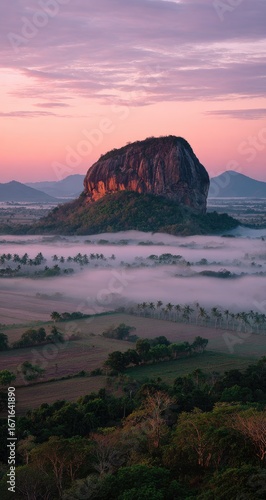 Epic sunrise over a valley with mist and a towering mesa-like mountain peak, surrounded by trees and distant hills