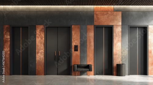 Modern lobby with three black elevators, copper accents, bench, and minimal decor