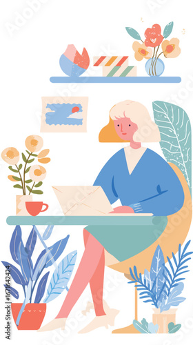 A young woman sits at a bright desk, focused on her laptop. She wears a yellow sweater and is surrounded by greenery and a warm cup of coffee, creating a cozy atmosphere.