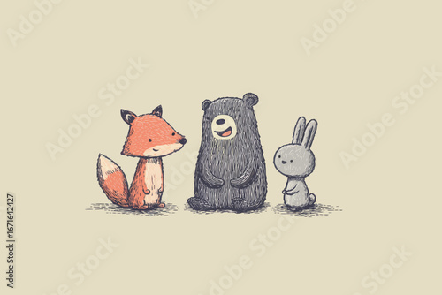 Three adorable animal characters are happily interacting in a minimalist style. The fox displays vibrant orange fur, the bear appears fluffy and friendly, while the bunny looks cute and curious.