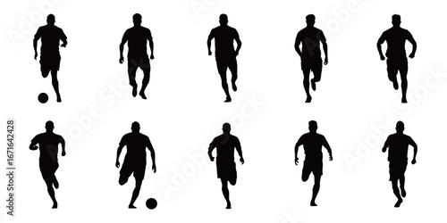 Nine dynamic silhouettes depict athletes in various running and jumping poses, showcasing movement and energy during a sporting event. Perfect for sports-related themes.
