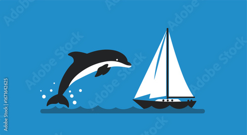 Dolphin Jumping Near Sailing Boat in Ocean