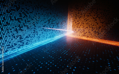 Flowing neon lines with binary data background, 3d rendering.