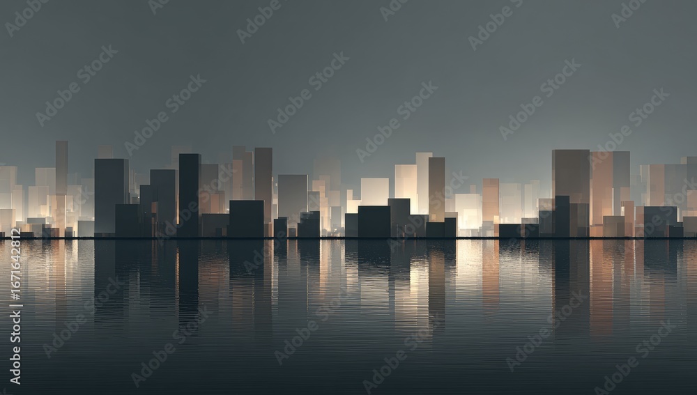 Fototapeta premium City skyline at dusk, reflected in calm water