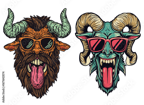 Crazy demons with sunglasses sticking out tongue on transparent background