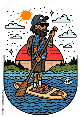 Bearded man with tattoos standing on a paddle board, paddling in a lake at sunset, transparent background