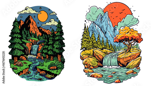 Nature adventure t-shirt design featuring stunning waterfall and mountain landscapes