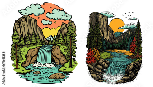 Nature adventure t-shirt design featuring stunning waterfall and mountain landscapes