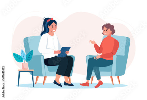 Psychotherapy session - woman talking to psychologist. Female patient in armchair and female psychologist. Mental health concept. Flat vector illustration.