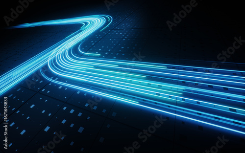 Fotografie Flowing neon lines with technical board background, 3d rendering.