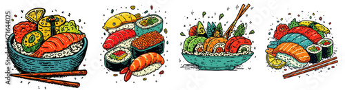 Colorful sushi and sashimi cartoon style thick lines on transparent background