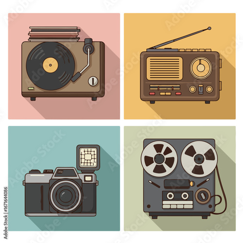 Devices Display Phonograph, Radio, Camera and Recorder on Different Color Background