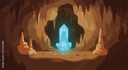Glowing Crystal Shines in Dark Cave with Stalactites and Stalagmites
