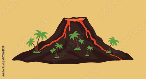 Erupting Volcano with Palm Trees on Island