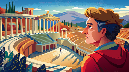  close up portrait  Tourist admiring the ancient Asklepion Theatre in Pergamon, Turkey, a world heritage site, showing its well preserved stage and seating area