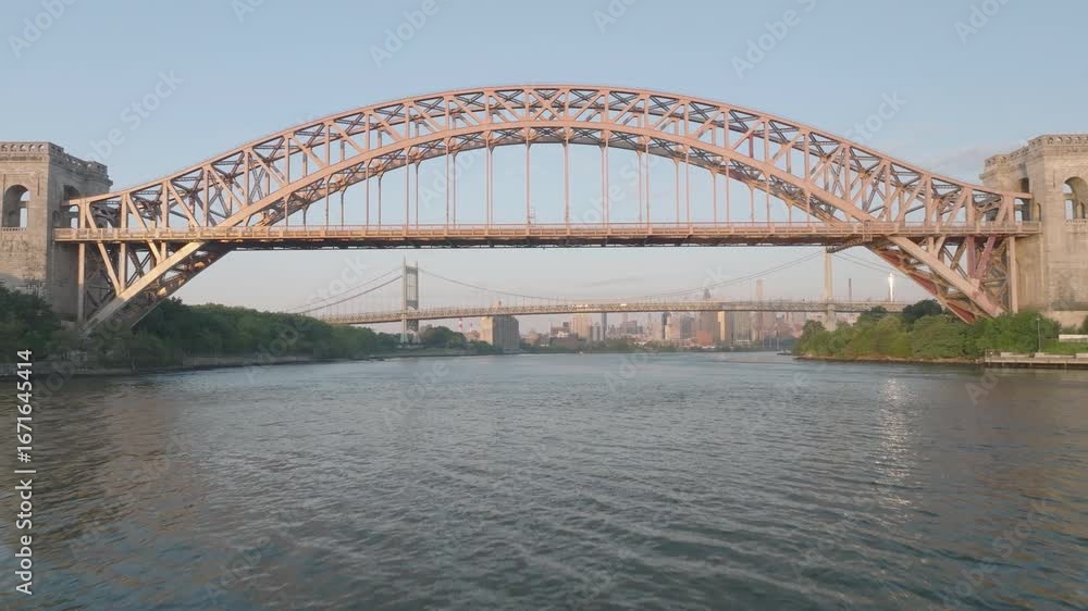Aerial view of the Hell Gate Bridge, Shot at sunrise in New York City. Aerial view of the Hell Gate Bridge, Shot at sunrise in New York City.