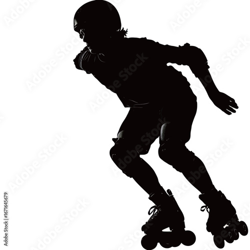 A skilled roller skater executes an impressive trick, captured in a striking silhouette against a white background during daylight. The motion showcases agility and balance.